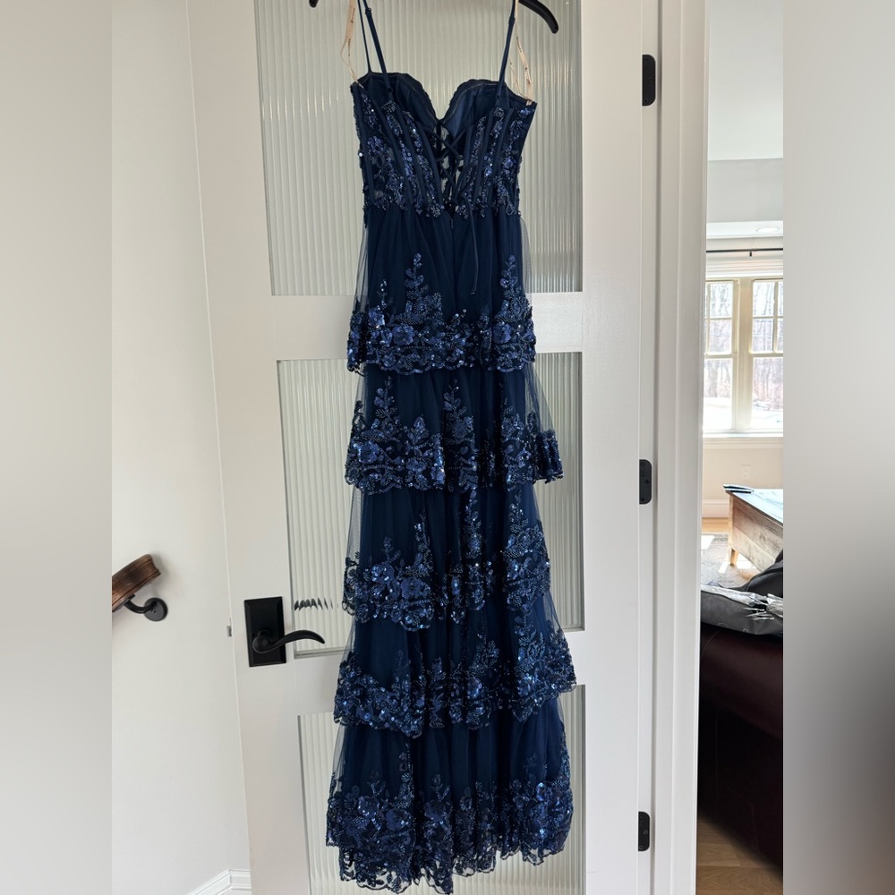 Faviana Navy Embroidered Tiered Lace-Up Prom Dress